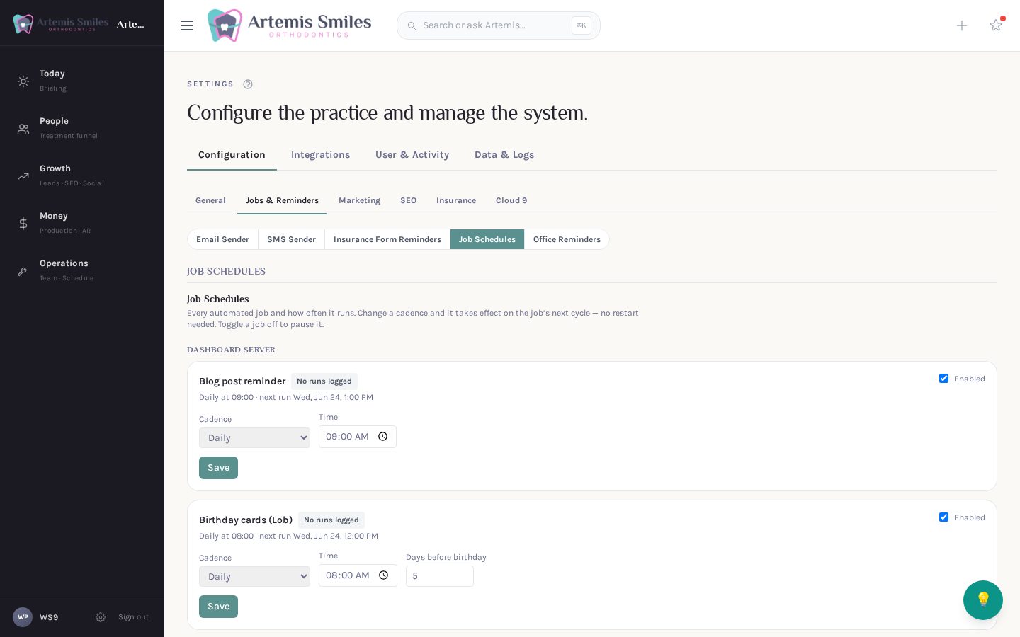 Automations and job schedules screen
